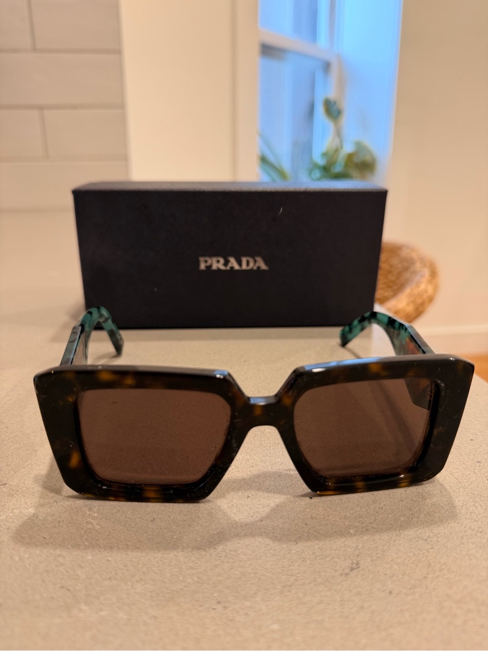 Prada Tortoiseshell Square Sunglasses with Dark Brown Lenses